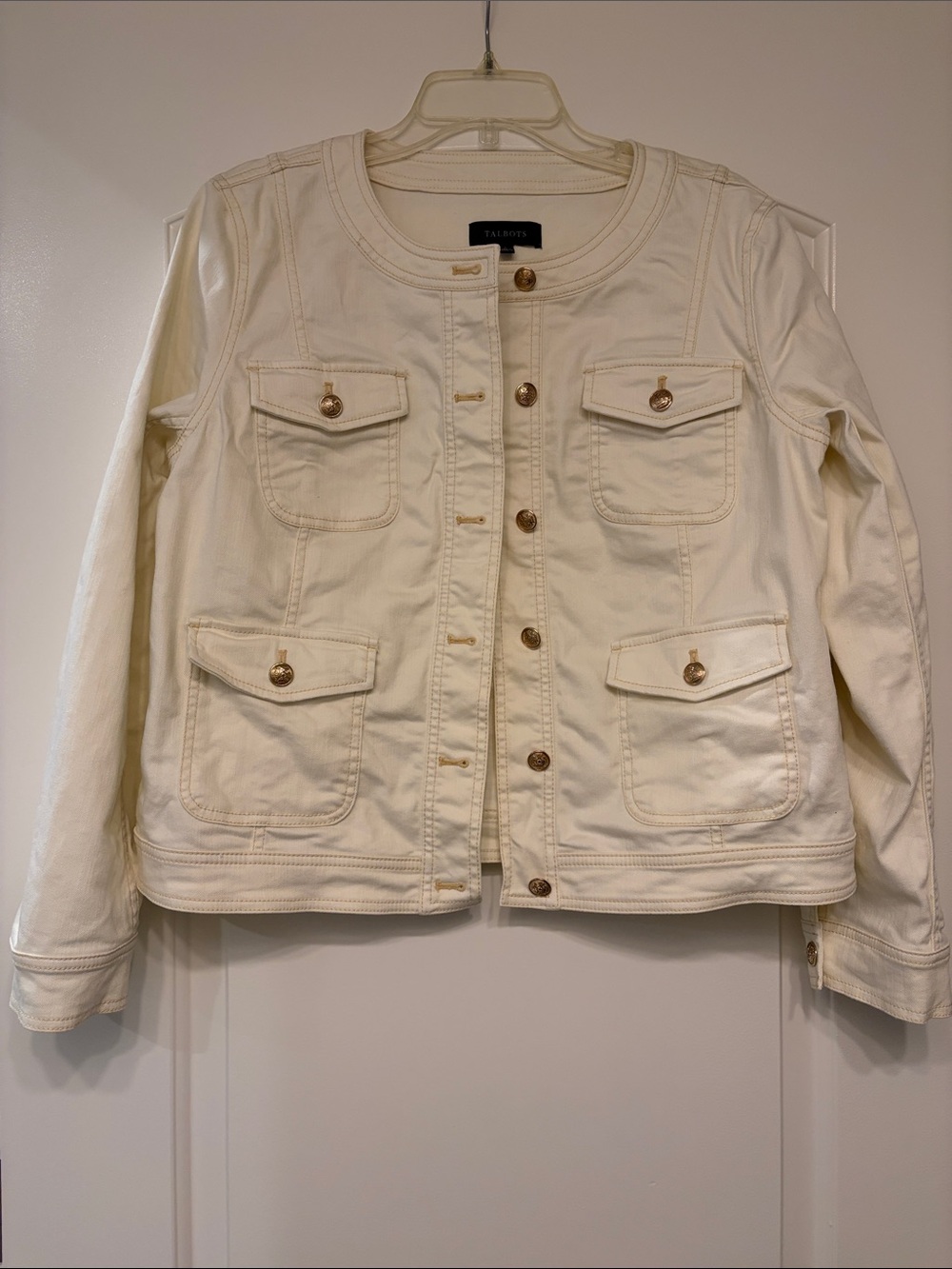 Talbots Women’s Cream Gold Button-Front Classic Jean Jacket, size L